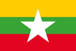 Bandiera di Myanmar con bande orizzontali gialla, verde e rossa, e stella bianca centrale.