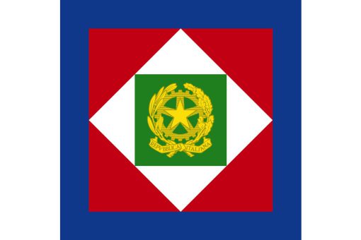 Bandiera Presidenziale Italia con escudo de armas en el centro, fondo verde, blanco y rojo, símbolo de la autoridad presidencial.