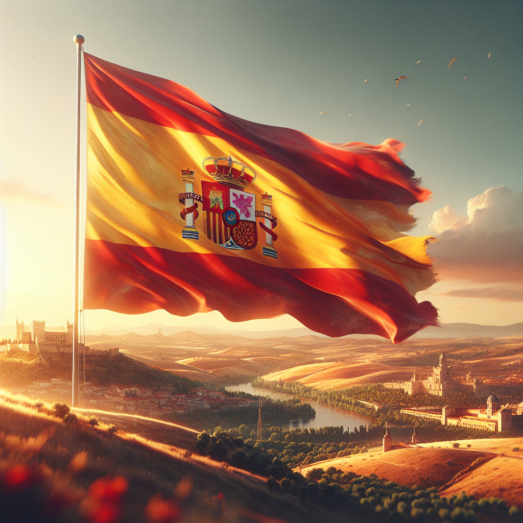 Bandiera della Spagna su paesaggio spagnolo